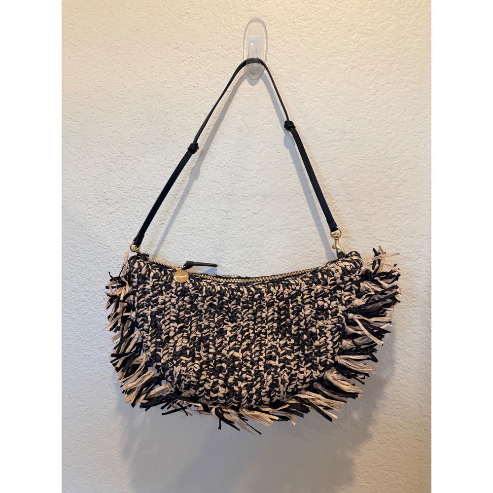 Clare V. Lune Black Cream Raffia Fringe Crescent Shoulder Bag - Picture 4 of 8